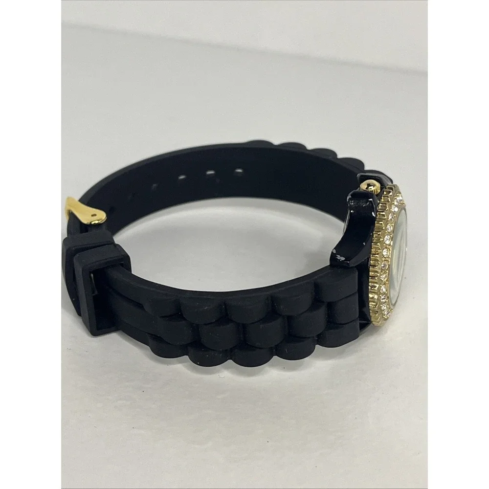 Golden Classic Women's Watch Crystal Bezel Black Silicone‎ Band- New Battery